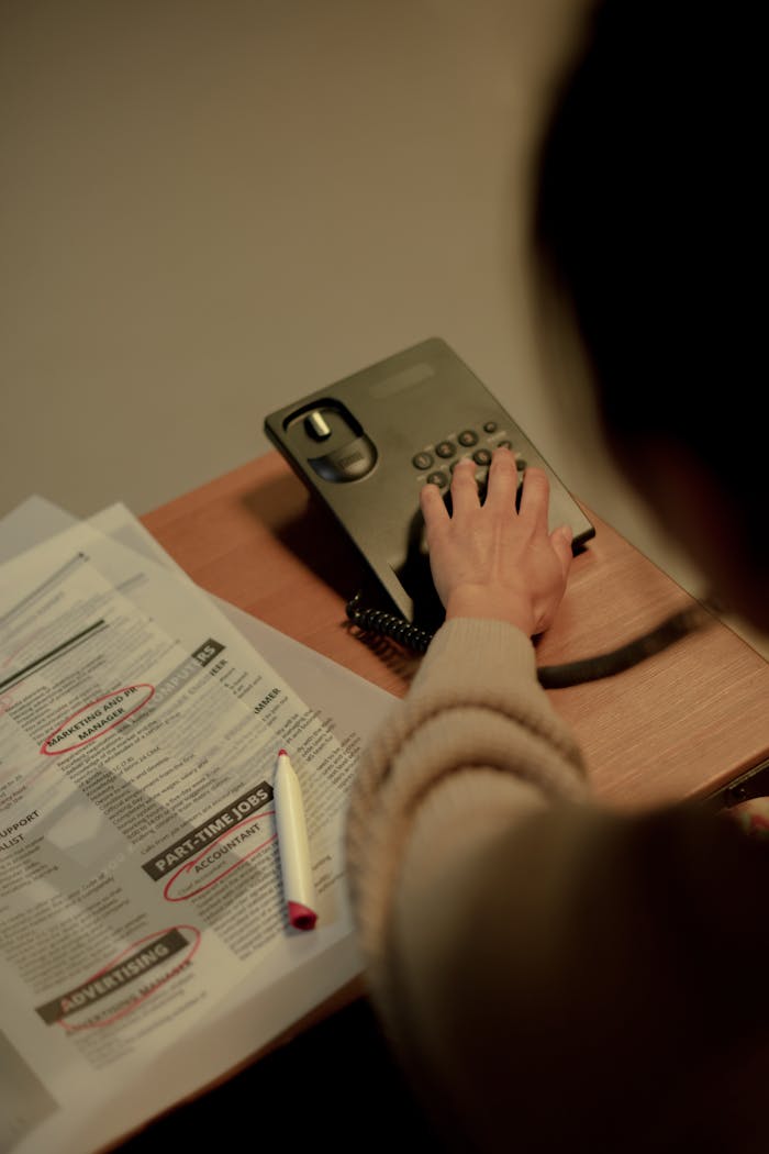 Rear view on woman choosing number on phone